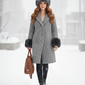 Lane Bryant Winter Coat Jacket Size 18 20 Herringbone Faux Fur Cuffs